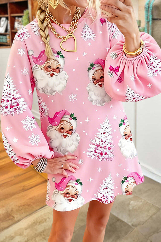 Pink Santa Puff Sleeve Mini Dress