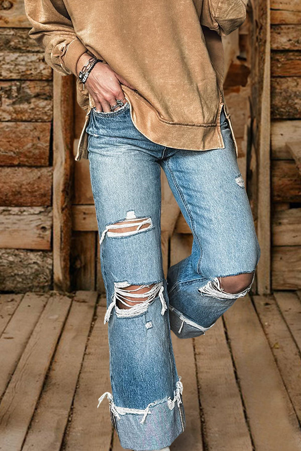 Distressed Asymmetric Wide-Leg Jeans