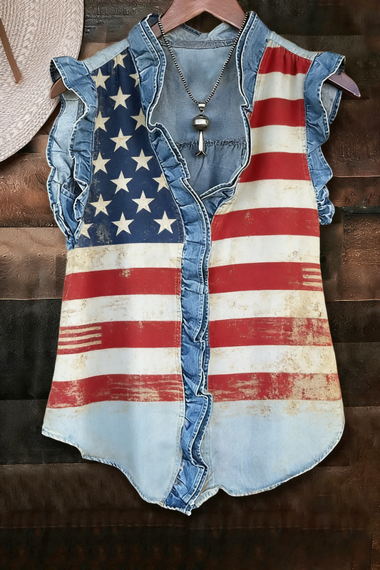 Vintage American Flag Denim Flutter Sleeve Top – Western Patriotic Blouse