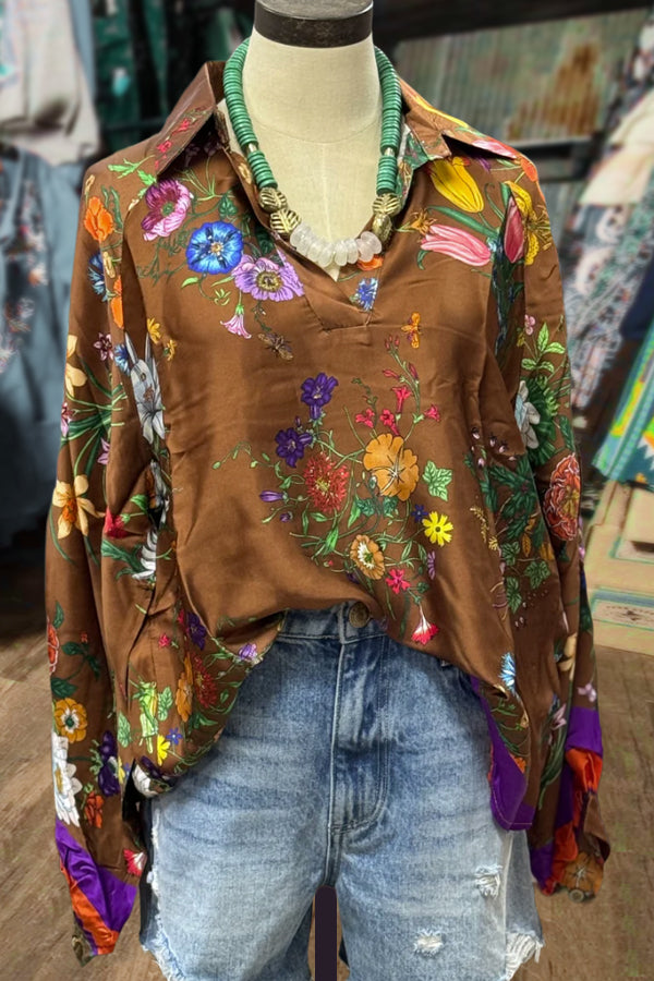 Floral Print Collared Long Sleeve Blouse