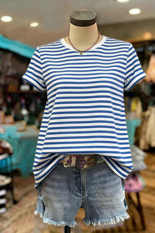 Blue & White Stripe Short Sleeve T-Shirt – Classic Crew Neck Top