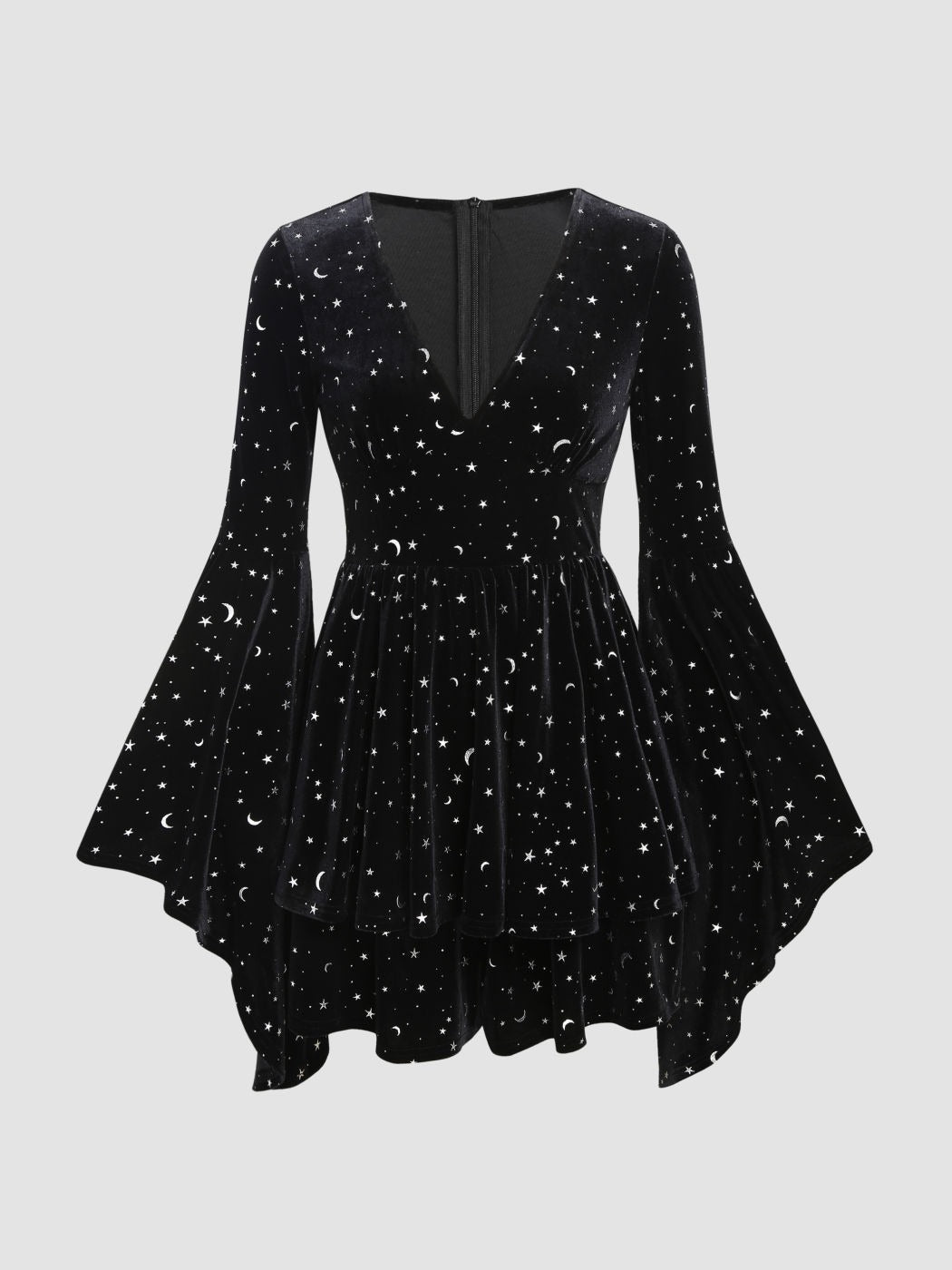 Velvet V-neck Star & Moon Pattern Bell Sleeve Dress