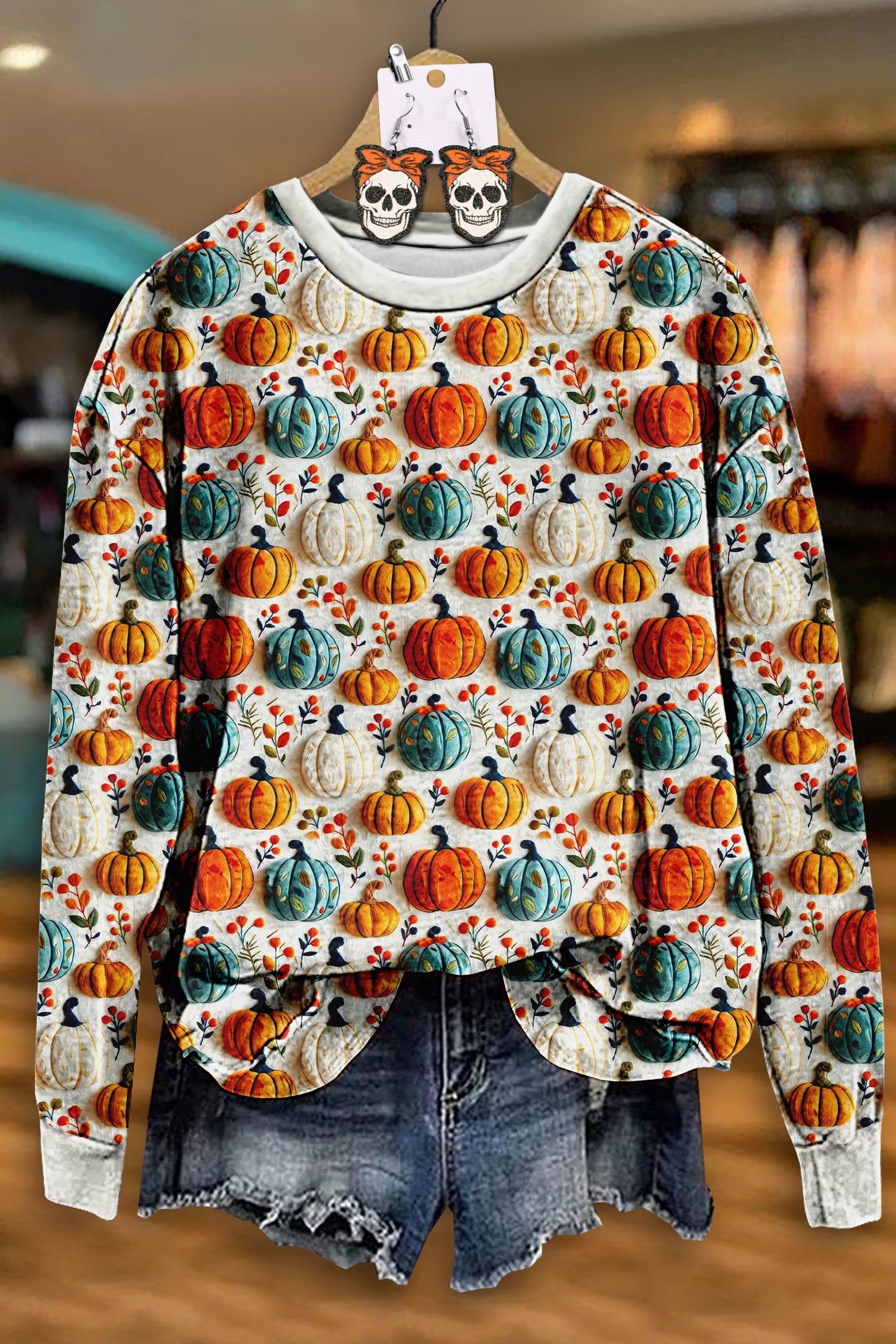 Halloween Floral Pumpkins Print Sweatshirt