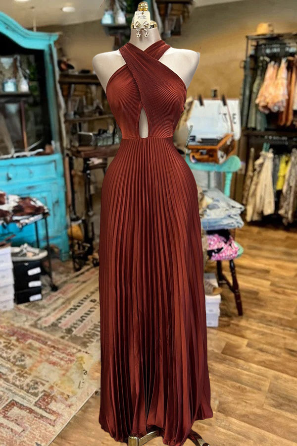 Deep Rust Pleated Halter Neck Maxi Dress