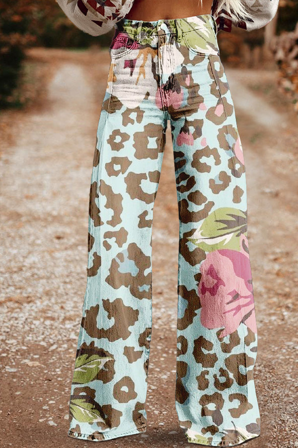 Vintage Leopard And Floral Print Wide-Leg Trousers