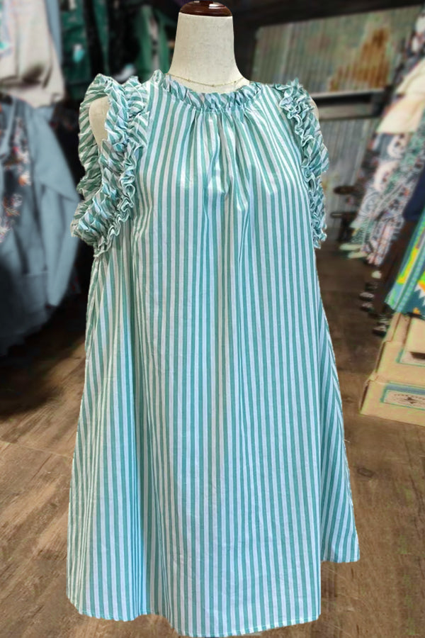 Striped Ruffle Neck Sleeveless Dress