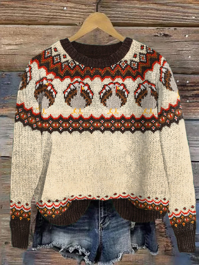 Women's Casual Round Neck Print Knitted Sweater