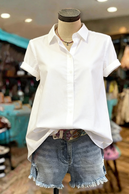 White Short Sleeve Button-Front Shirt – Classic Collared Top