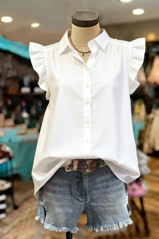White Flutter Sleeve Button-Front Shirt – Classic Collared Top