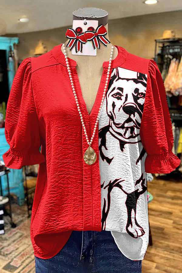 Unique Red Gameday Bulldog Puff Sleeve Top