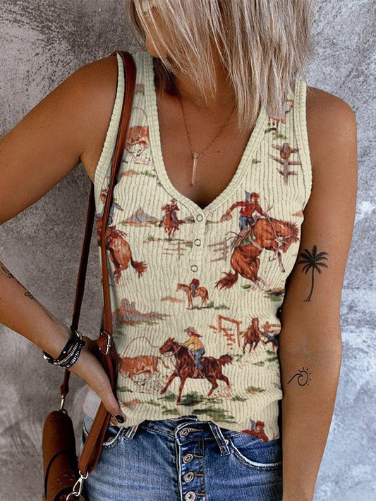 Women's  Western Cowboy Vintage Button-Up Collar Printed Tank To