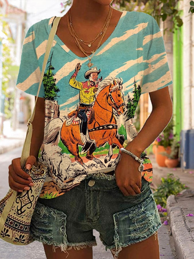 Casual Western Print Short Sleeve T-Shirt