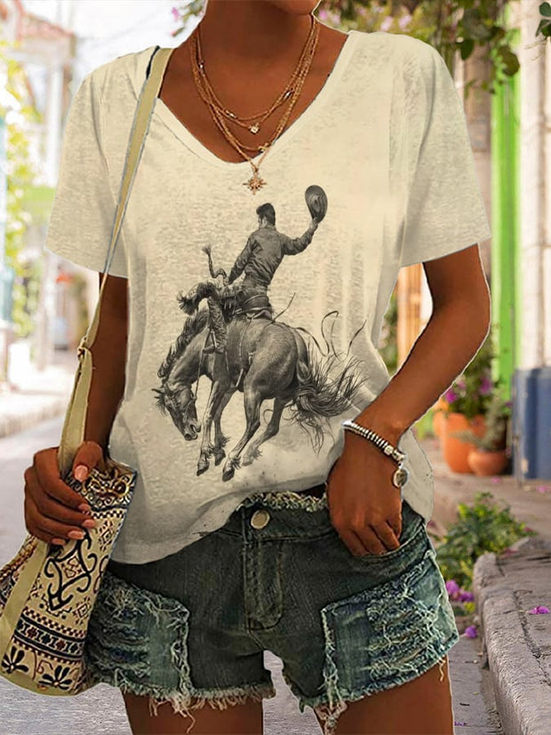Women'S V-Neck Western Retro Print Graphic T-Shirt