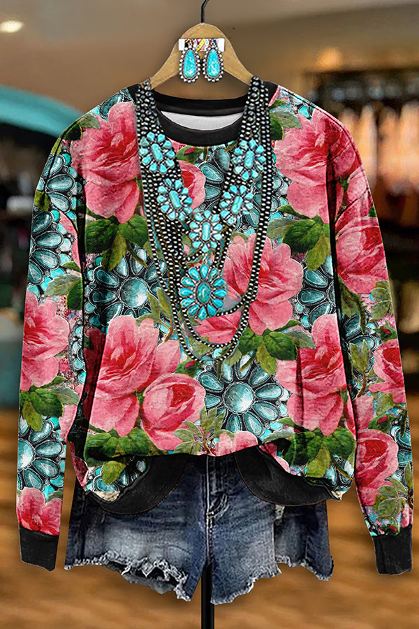 Vintage Western Turquoise Floral Print Sweatshirt