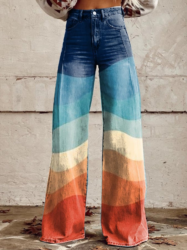 Retro women's contrast gradient wide leg pants