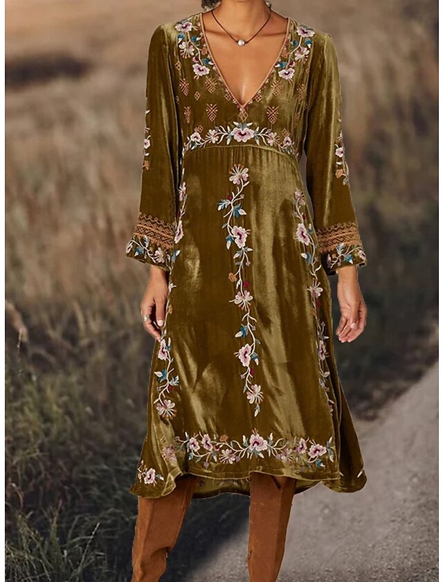 Women's V Neck Velvet Floral Print  Midi Dress