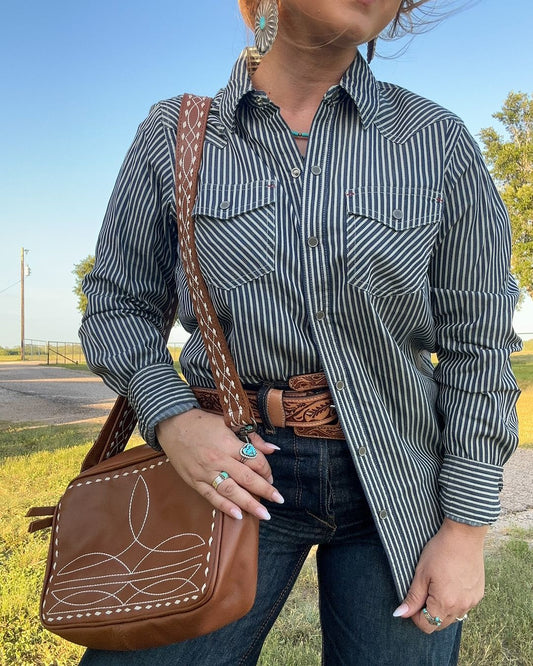 Western Vintage Stretch Black and White Striped Shirt