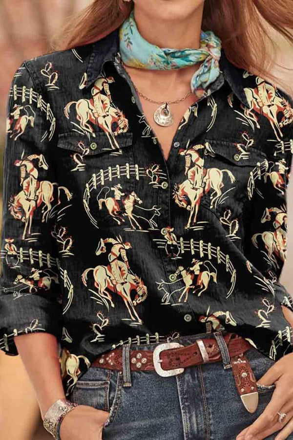 Rodeo Print Casual Long Sleeve Comfortable Cotton Shirt