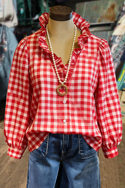 Classic Plaid Ruffle Neck Button Up Blouse