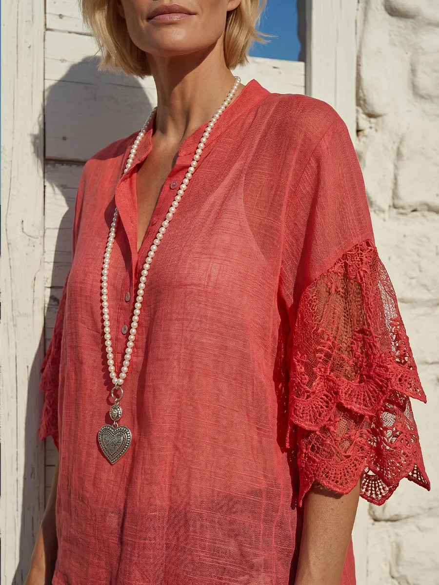 Vintage Art Comfortable Summer Fabrics Sheer Cotton And Linen Patchwork Lace Shirt