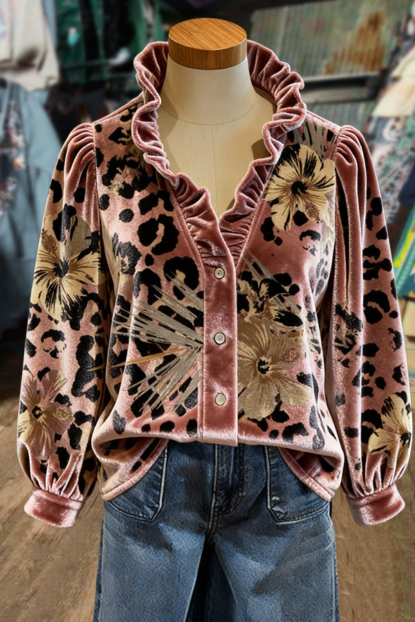 Chic Leopard Floral Print Ruffle Neck Velvet Top
