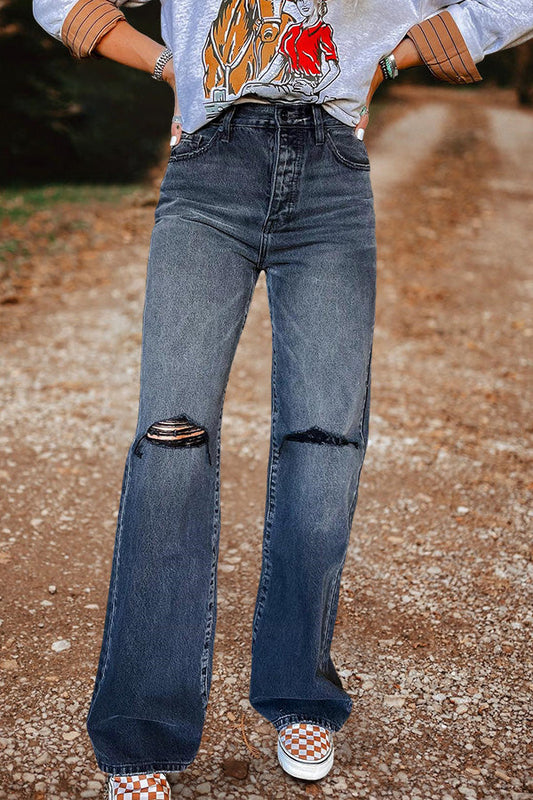 Vintage Washed Ripped Wide Leg Jeans