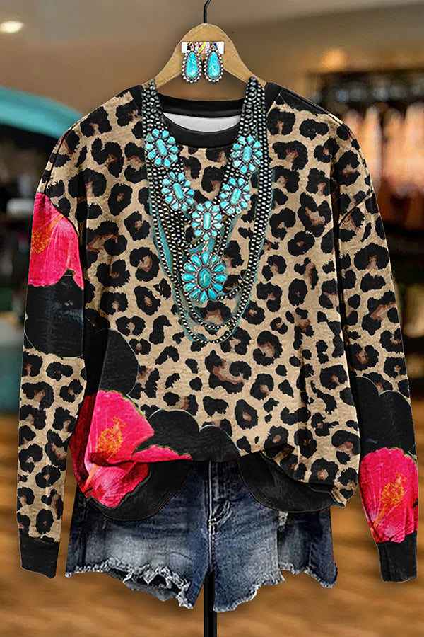 Vintage Leopard Floral Print Sweatshirt