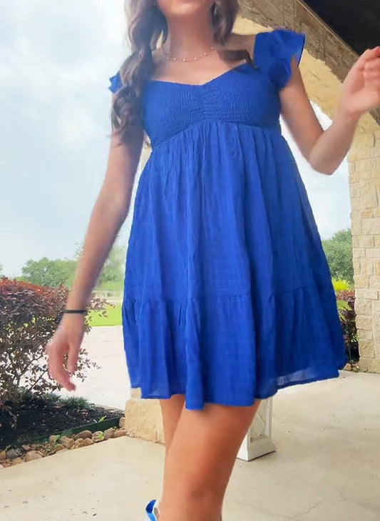 Blue Solid Ruffle Sleeve Dress