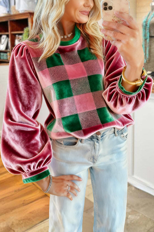 Fresh Plaid Velvet Blouse