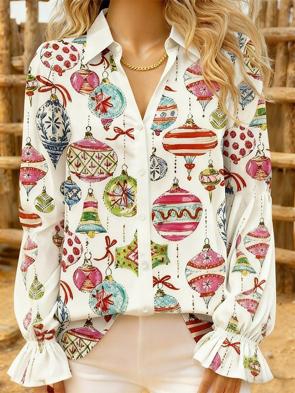 Christmas Ornaments Print  Print Collared Puff Sleeve Top