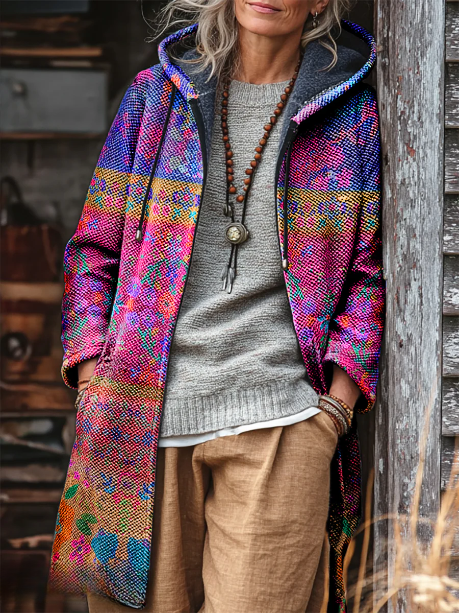 Unisex Bohemian Floral Collage Print Plush Thick Long-Sleeved Sweater Cardigan Coat