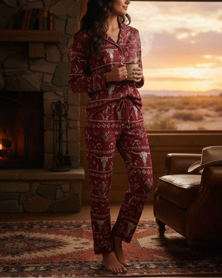 Women's Vintage Western Pattern Christmas Long Sleeve Pants Suit