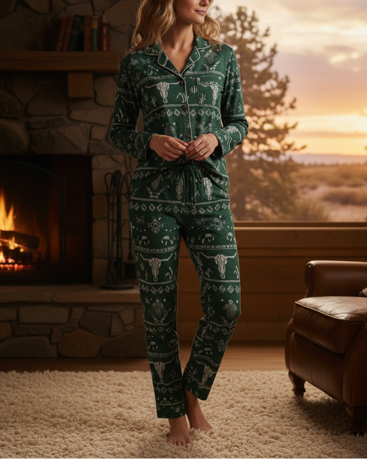 Women's Vintage Western Pattern Christmas Long Sleeve Pants Suit