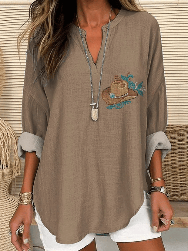 Women's Cowboy Hat Embroidered Print Casual V-Neck Shirt