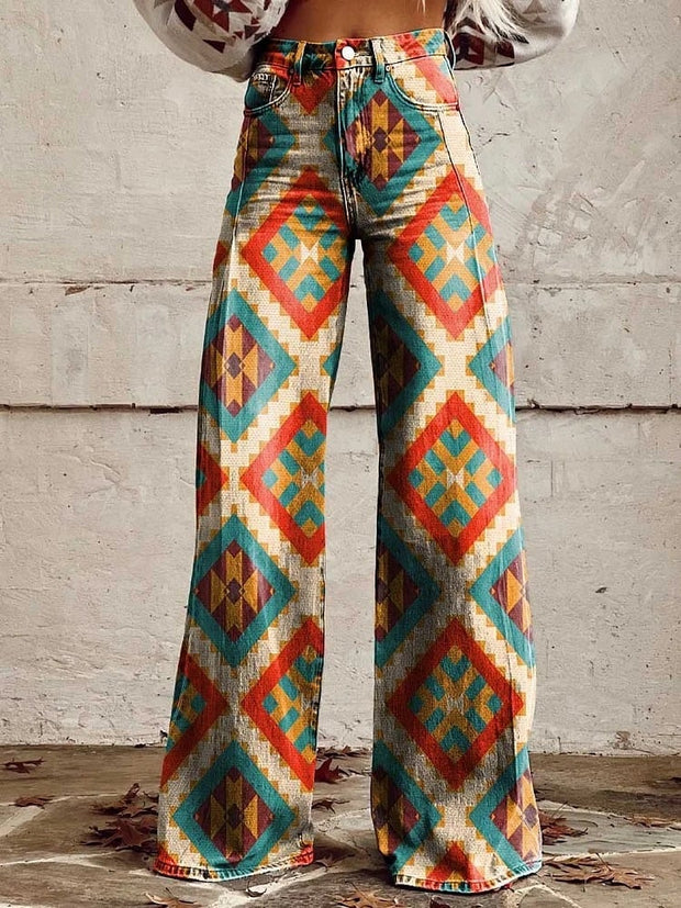 Women's Retro Pattern Print Casual Wide Leg Pants