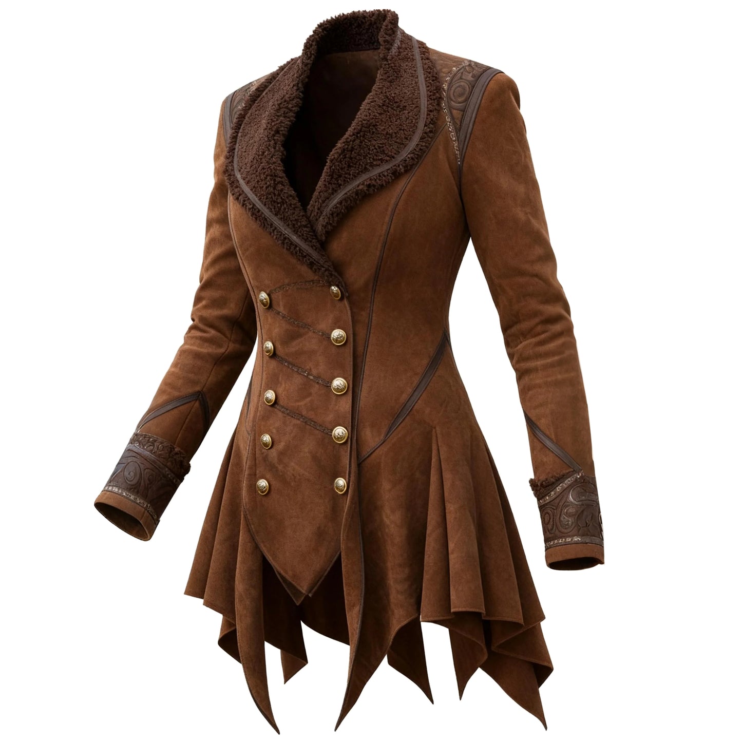 Women's Western Retro Riding Stand Collar Jacket Lambswool Lapel Mid-Length Jacket Irregular Hem Design Coat