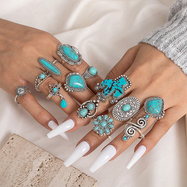 14PCS Turquoise Cactus Carved Ring Set