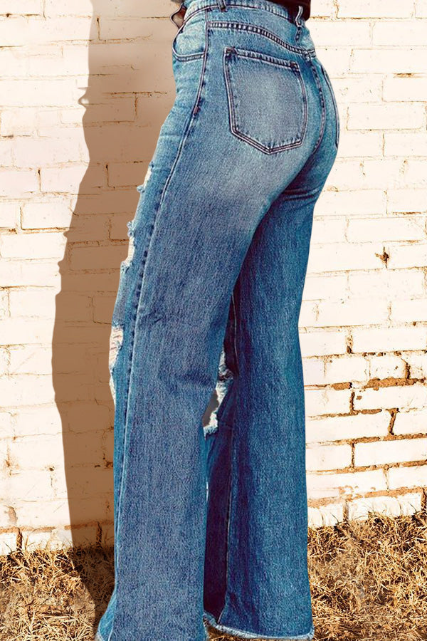 Casual Plain Wide Leg Ripped Washed Jeans