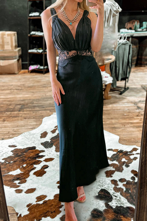 Elegant Pleated Bust Lace Stitching Satin Maxi Dress
