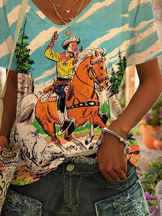 Casual Western Print Short Sleeve T-Shirt