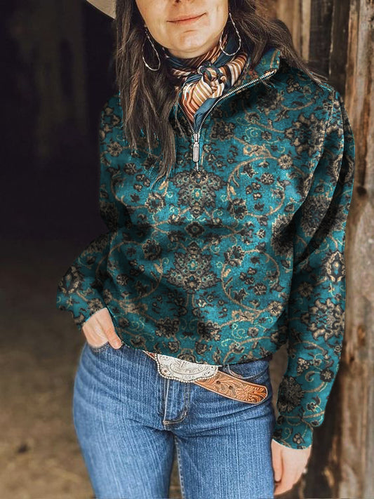 Women's Vintage Floral Print Zipper Collar Sweatshirt