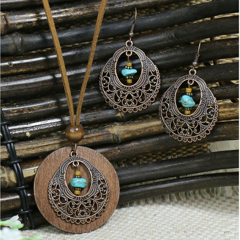 Retro Wooden Necklace Earring Set