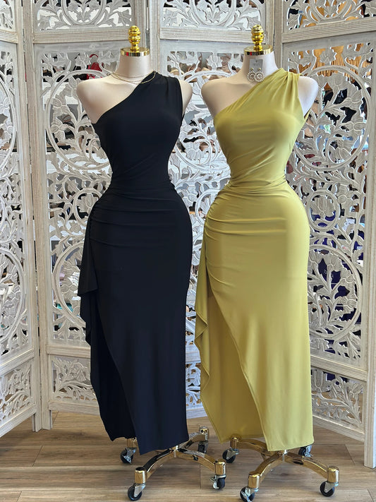 Sculpted Elegance One-Shoulder Draped Maxi Dress