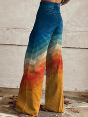 Women's Orange And Blue Stripes Print Casual Wide Leg Pants