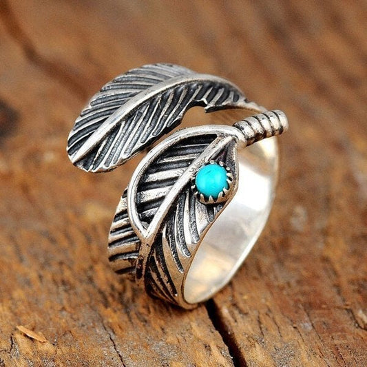 🔥Last Day 75% OFF🎁Boho Feather Turquoise Adjustable Ring