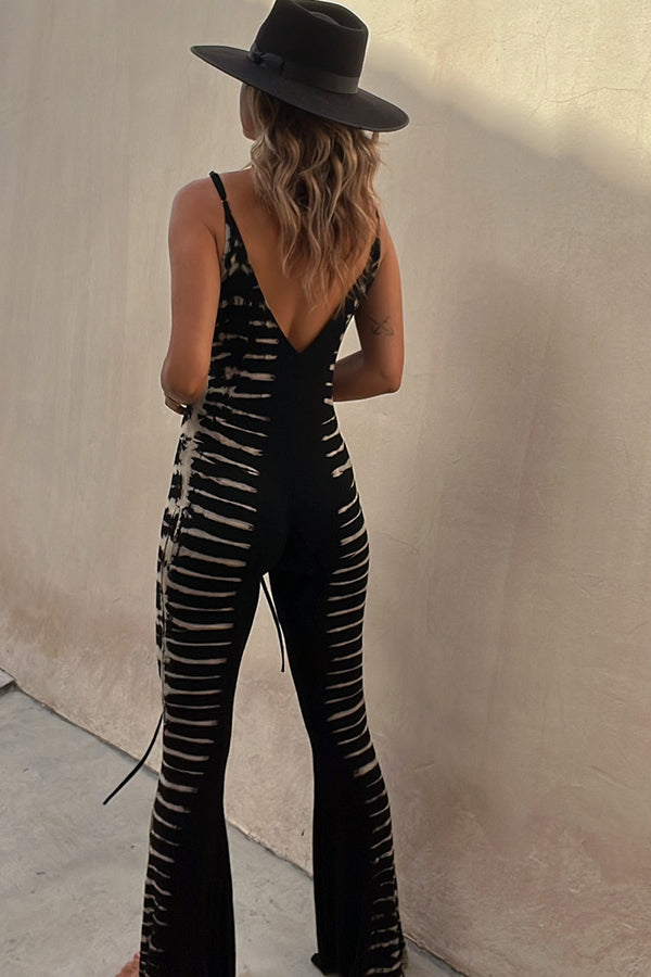 Cella Tie-dye Print Front Lace-up Stretch Flare Jumpsuit