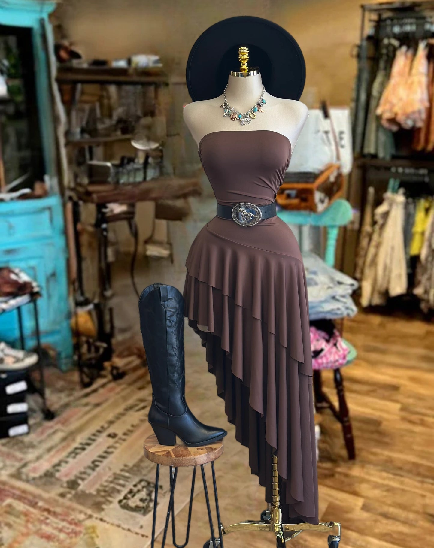 Western Off-Shoulder Asymmetric Hem Strapless Dress