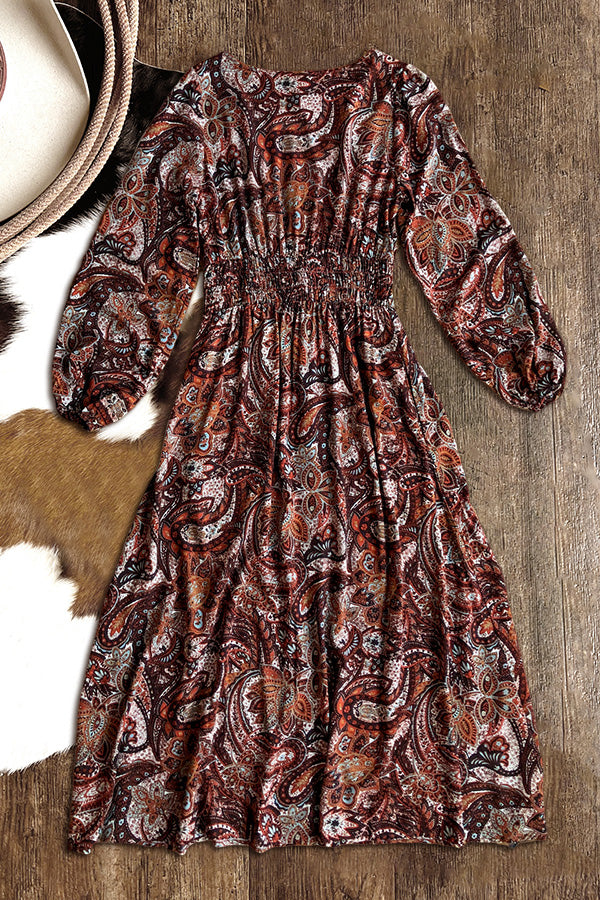 Paisley Floral V-Neck Long Sleeve Button Up Maxi Dress