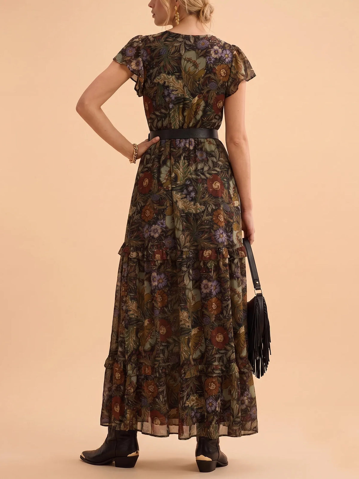 Western Dress — Earthy Khaki Plunging V-Neck High Slit Georgette Maxi Dress