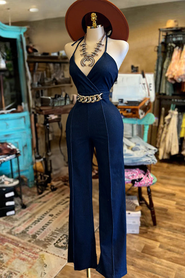 Vintage Denim Wrapped Backless Jumpsuit